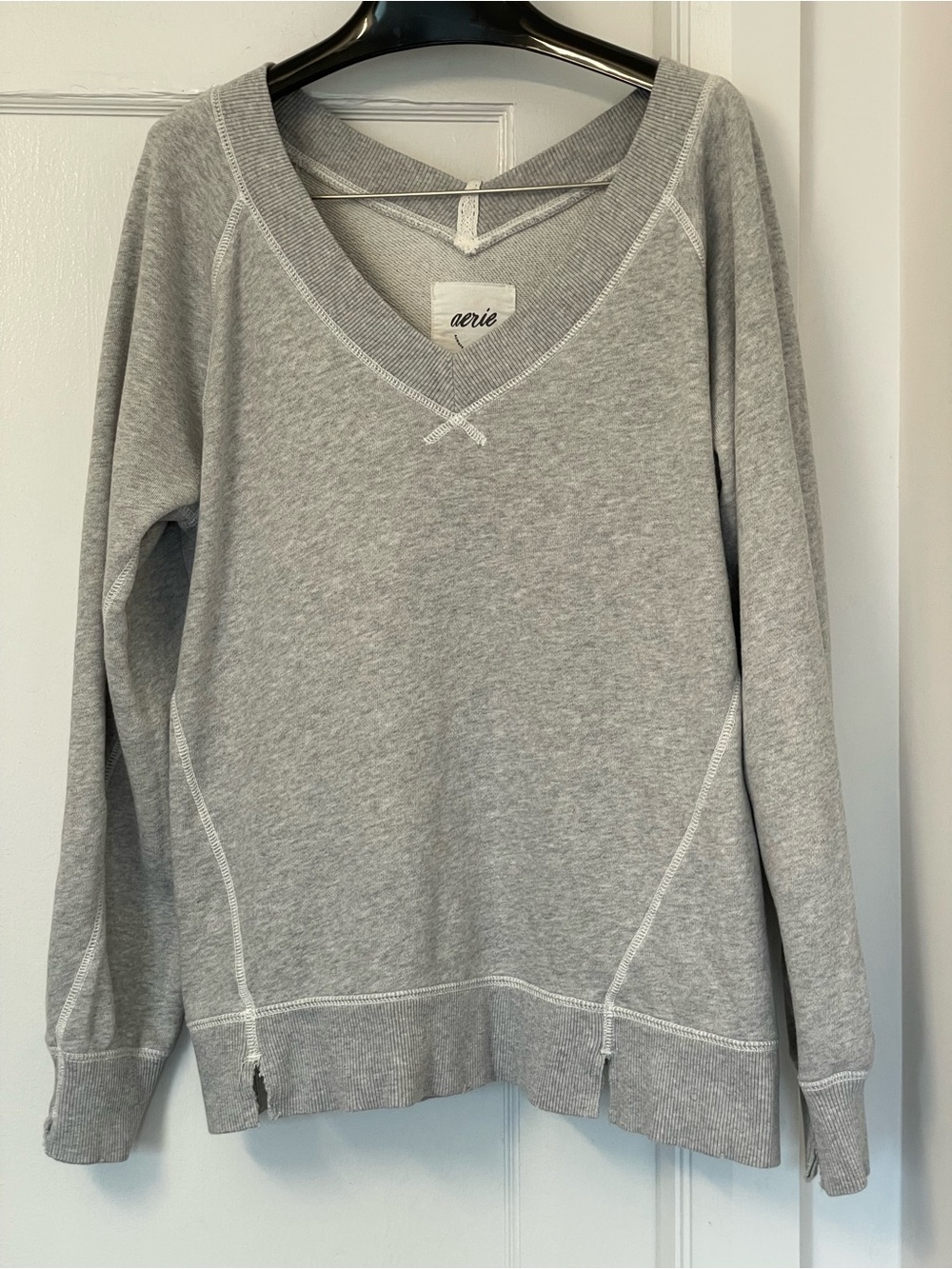 aerie Oversized Light Gray V-Neck Pullover Sweater